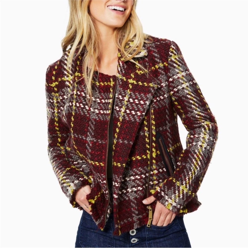 Ramy Brook Burgundy Plaid Wool-Blend Jacket with Yellow Accents